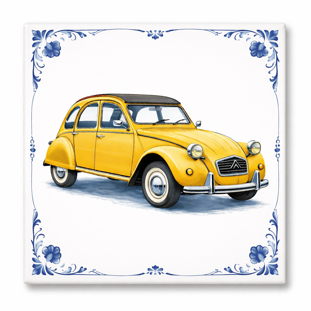 Delfts Blauw Tegeltje met Oldtimer Auto – Vintage Gele Klassieker (Citroën Style)