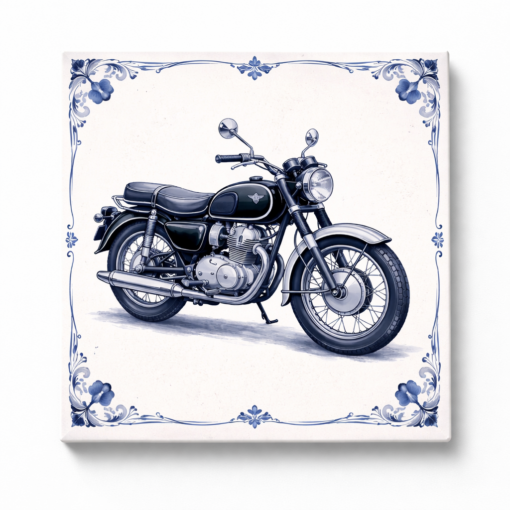 Delfts Blauw Tegeltje met Oldtimer Motor – Vintage Zwarte Klassieker