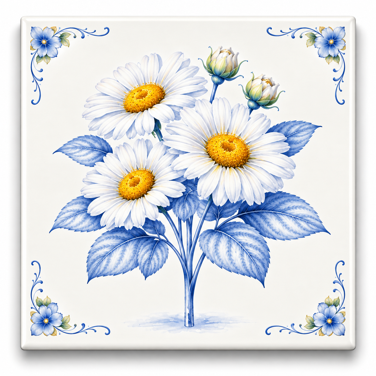 Margriet Tegeltje Witte Bloemen met Blauwe Bladeren