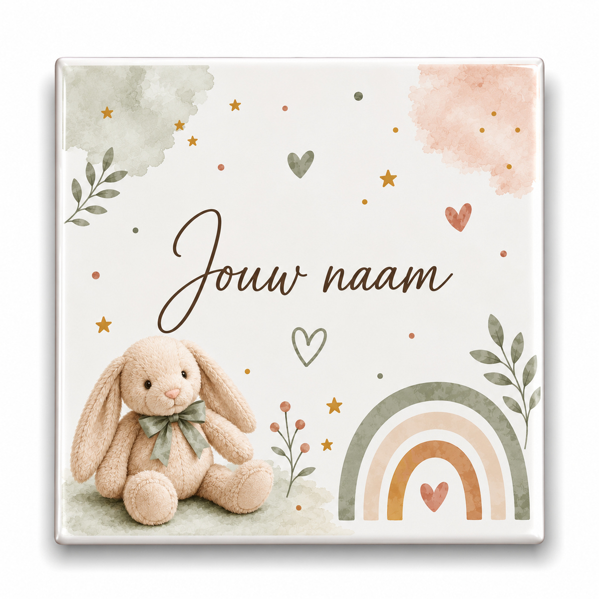 Gepersonaliseerd Baby Tegeltje met Naam Konijntje & Regenboog