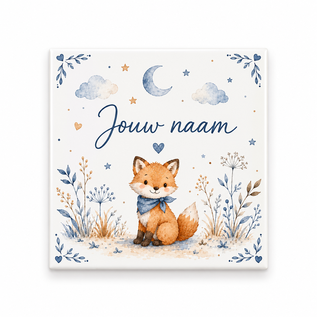Gepersonaliseerd Baby Tegeltje met Naam, Vosje Delfts Blauw Kraamcadeau
