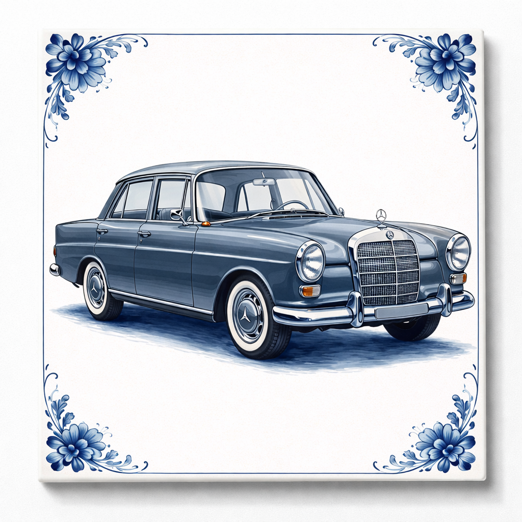 Delfts Blauw Tegeltje met Oldtimer – Vintage Mercedes II