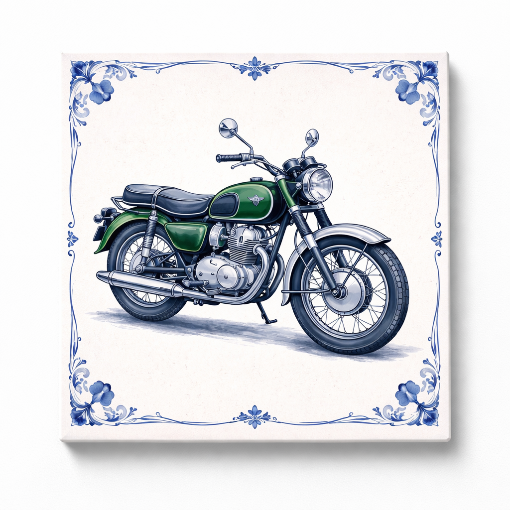 Delfts Blauw Tegeltje met Oldtimer Motor – Vintage Groene Klassieker