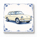 Delfts Blauw Tegeltje met Oldtimer – Gele Vintage Volkswagen