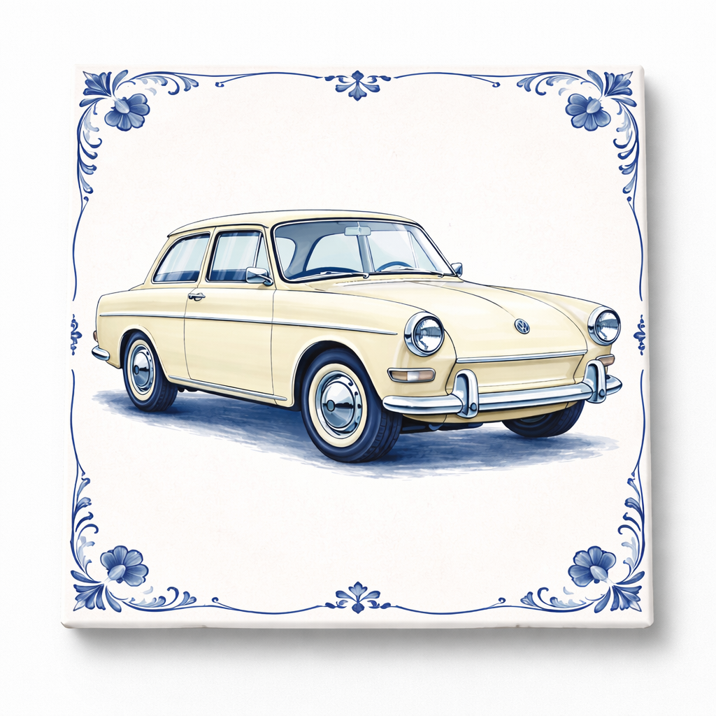 Delfts Blauw Tegeltje met Oldtimer – Gele Vintage Volkswagen