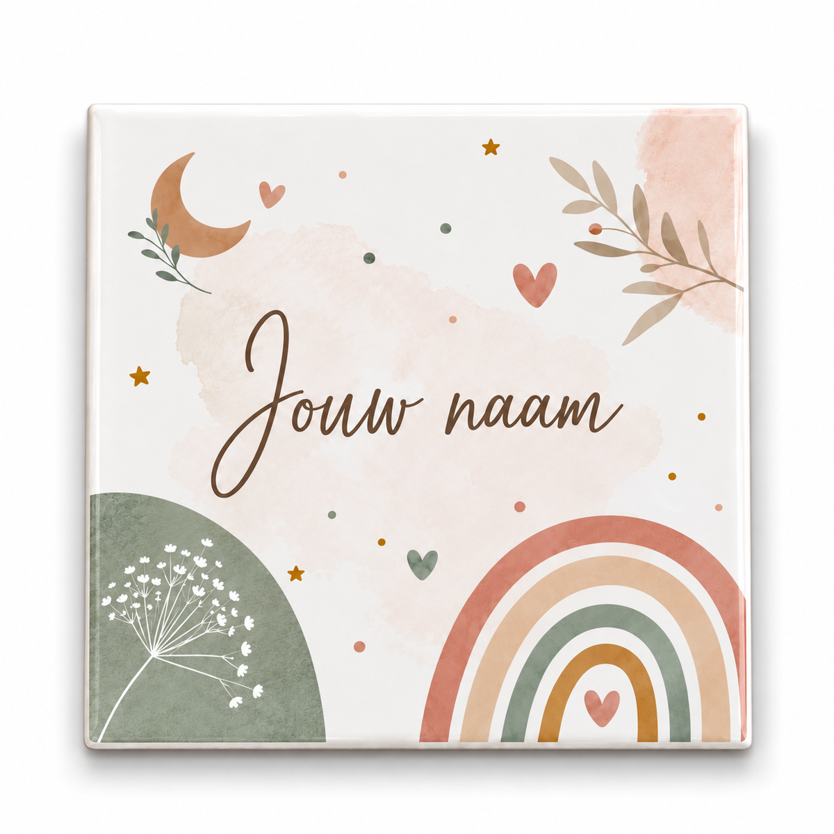 Gepersonaliseerd Baby Tegeltje met Naam, Regenboog, Maan & Hartjes