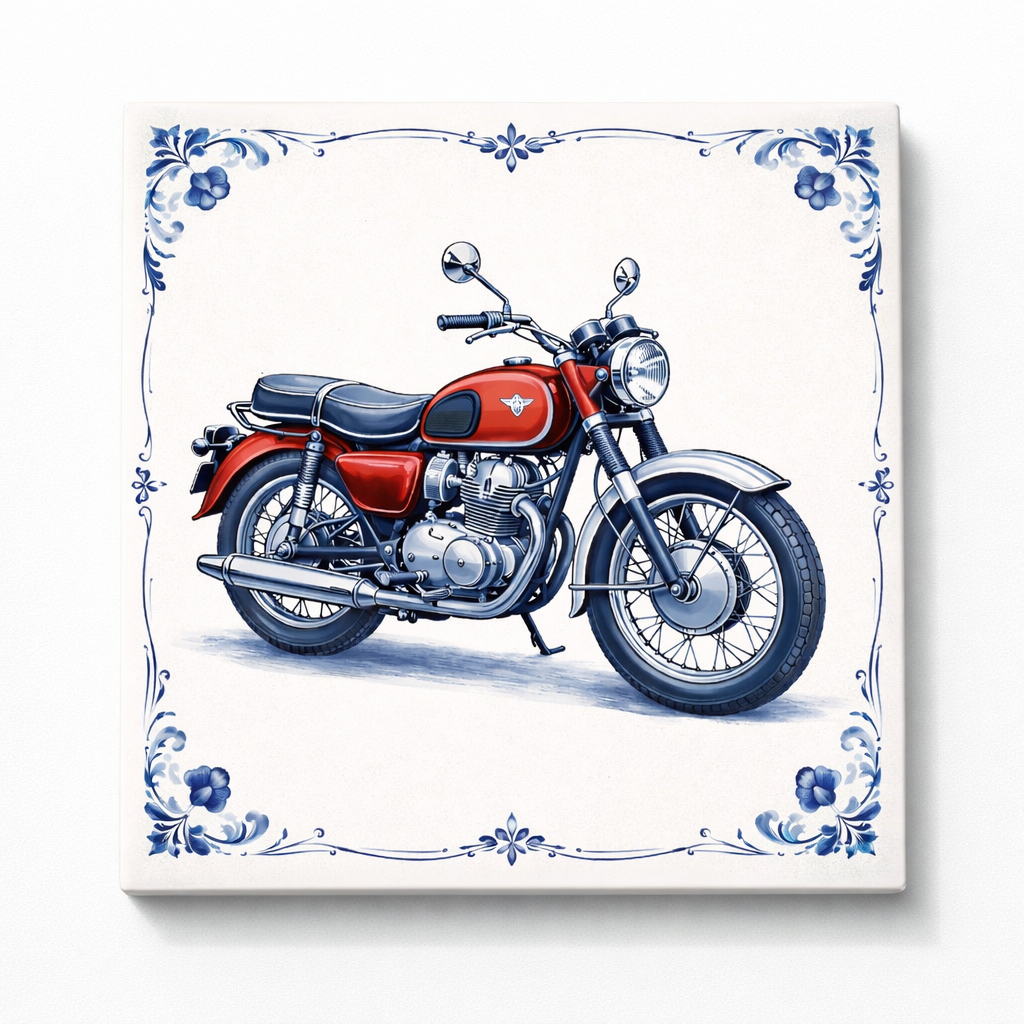 Delfts Blauw Tegeltje met Oldtimer Motor – Vintage Rode Klassieker