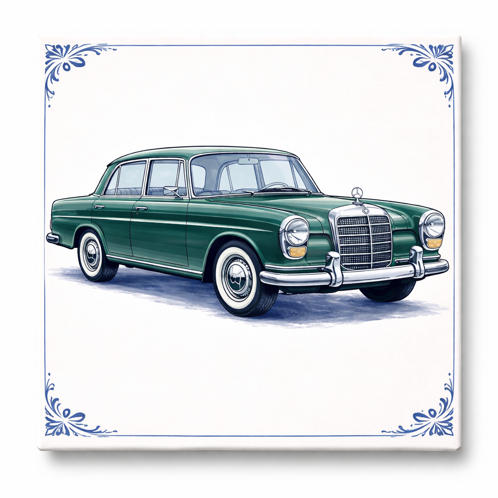 Delfts Blauw Tegeltje met Oldtimer – groene Vintage Mercedes