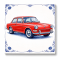 Delfts Blauw Tegeltje met Oldtimer – Rode Vintage Volkswagen