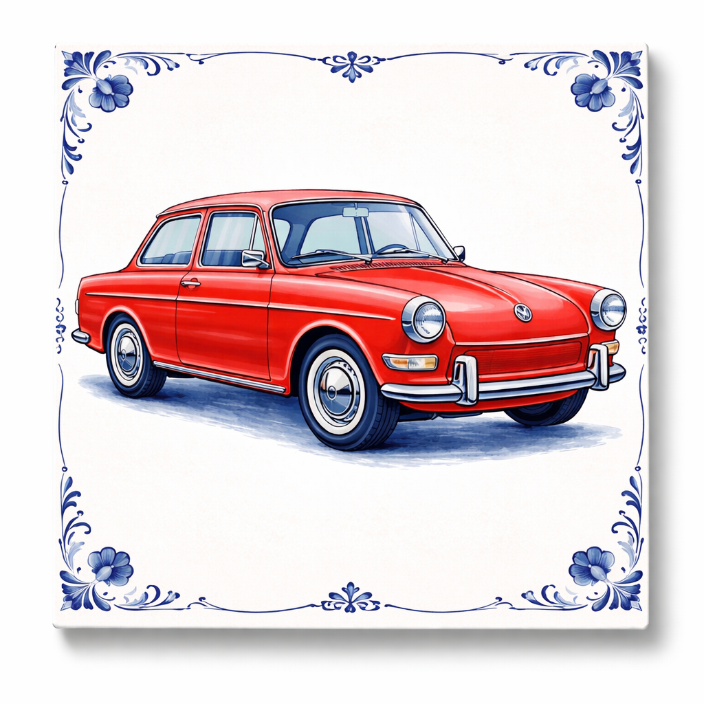 Delfts Blauw Tegeltje met Oldtimer – Rode Vintage Volkswagen