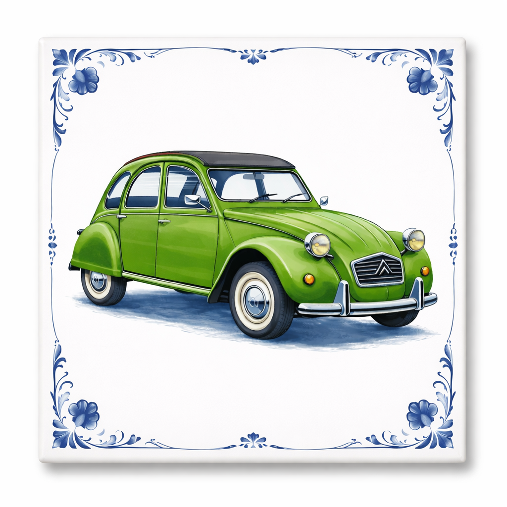 Delfts Blauw Tegeltje met Oldtimer Auto – Vintage Groene Klassieker (Citroën Style)