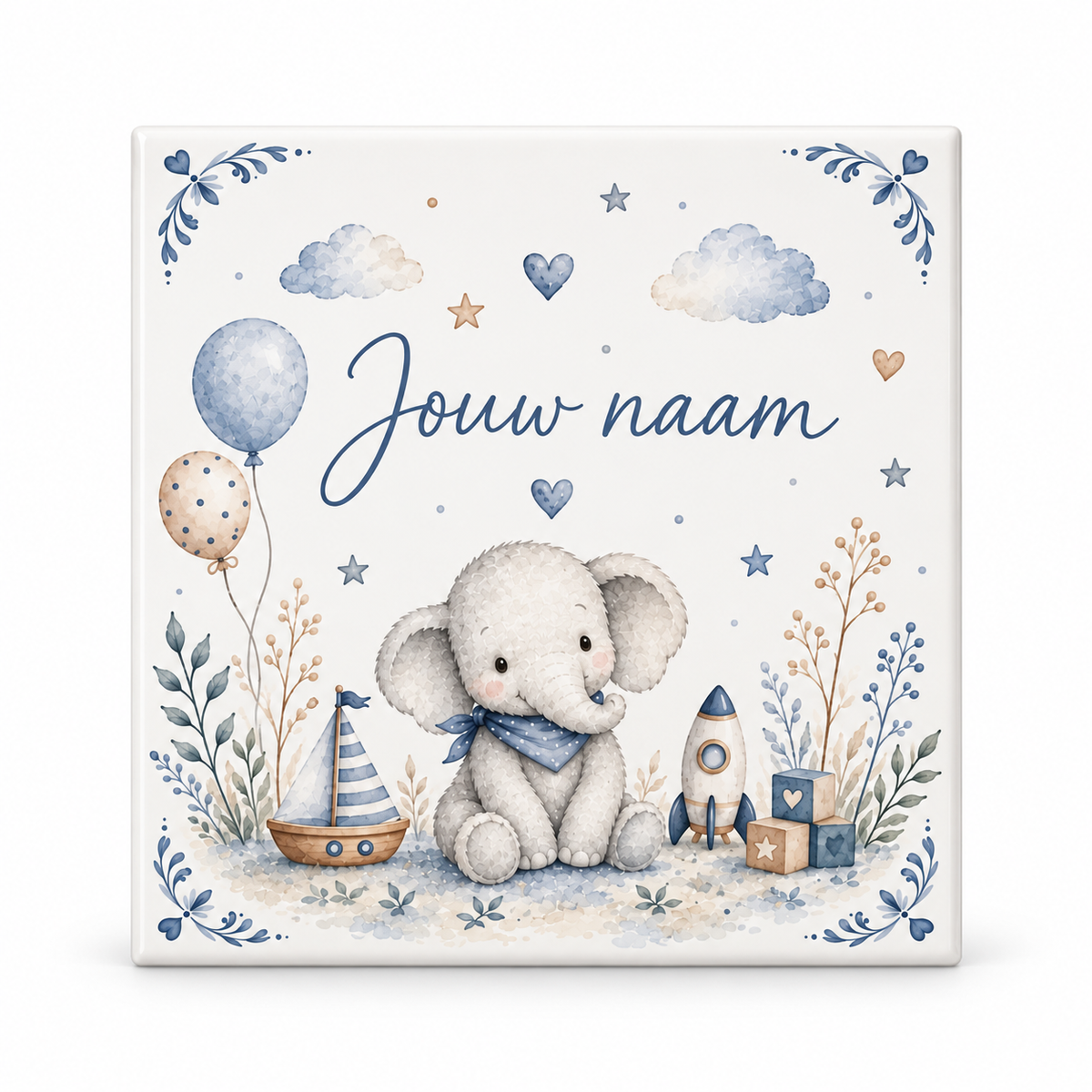Gepersonaliseerd Baby Tegeltje met Naam, Olifant Delfts Blauw Kraamcadeau
