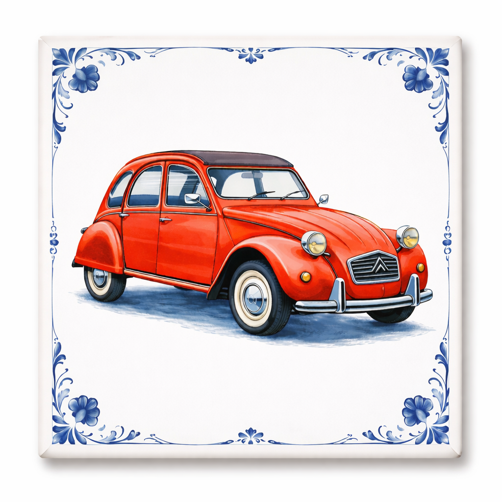 Delfts Blauw Tegeltje met Oldtimer Auto – Vintage Rode Klassieker (Citroën Style)