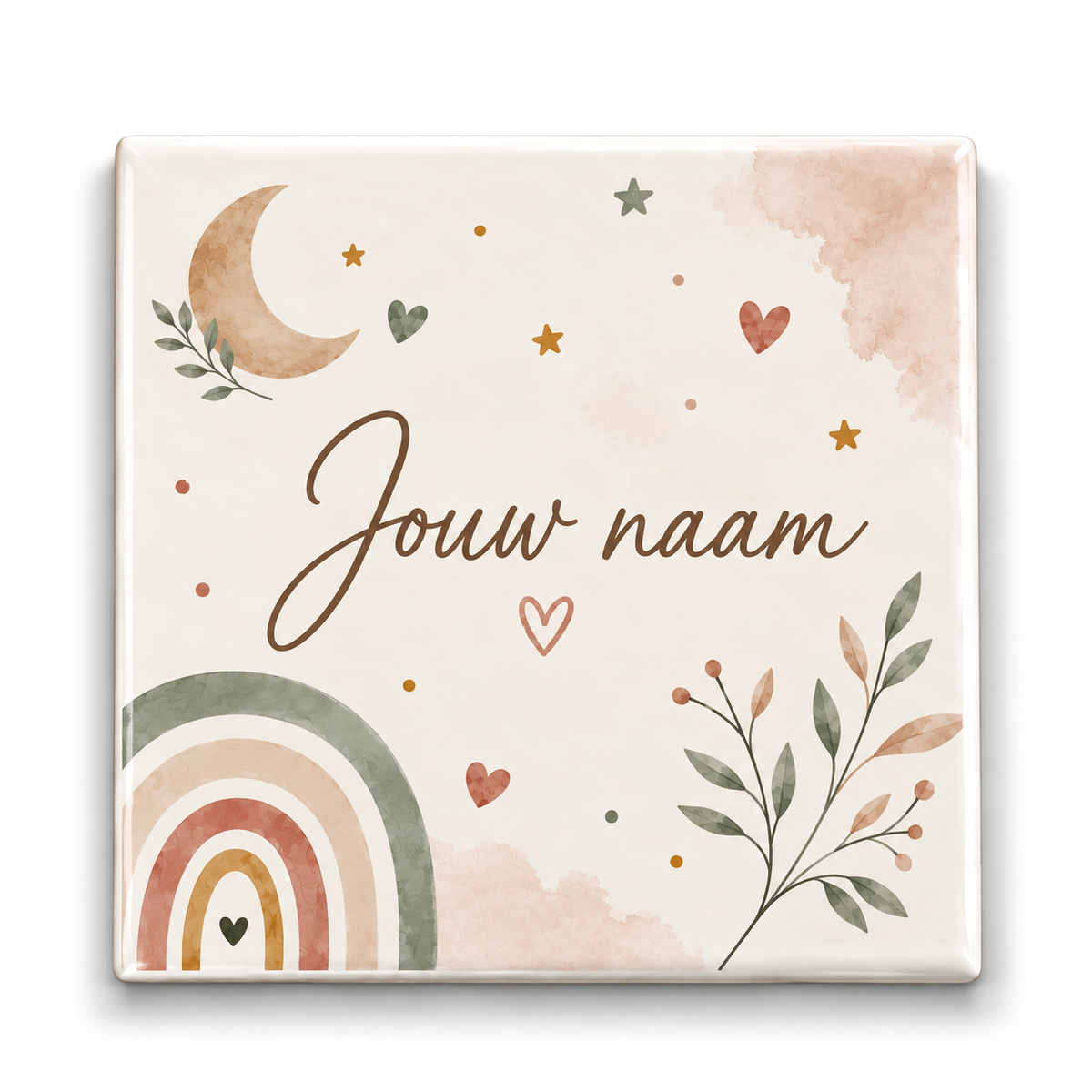 Gepersonaliseerd Baby Tegeltje met Naam Regenboog, Maan & Bloemen