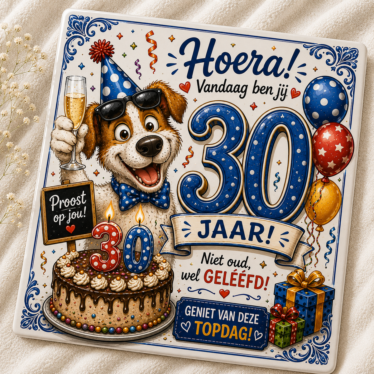 Gepersonaliseerd Verjaardag Tegeltje met Leeftijd – Feestende Hond
