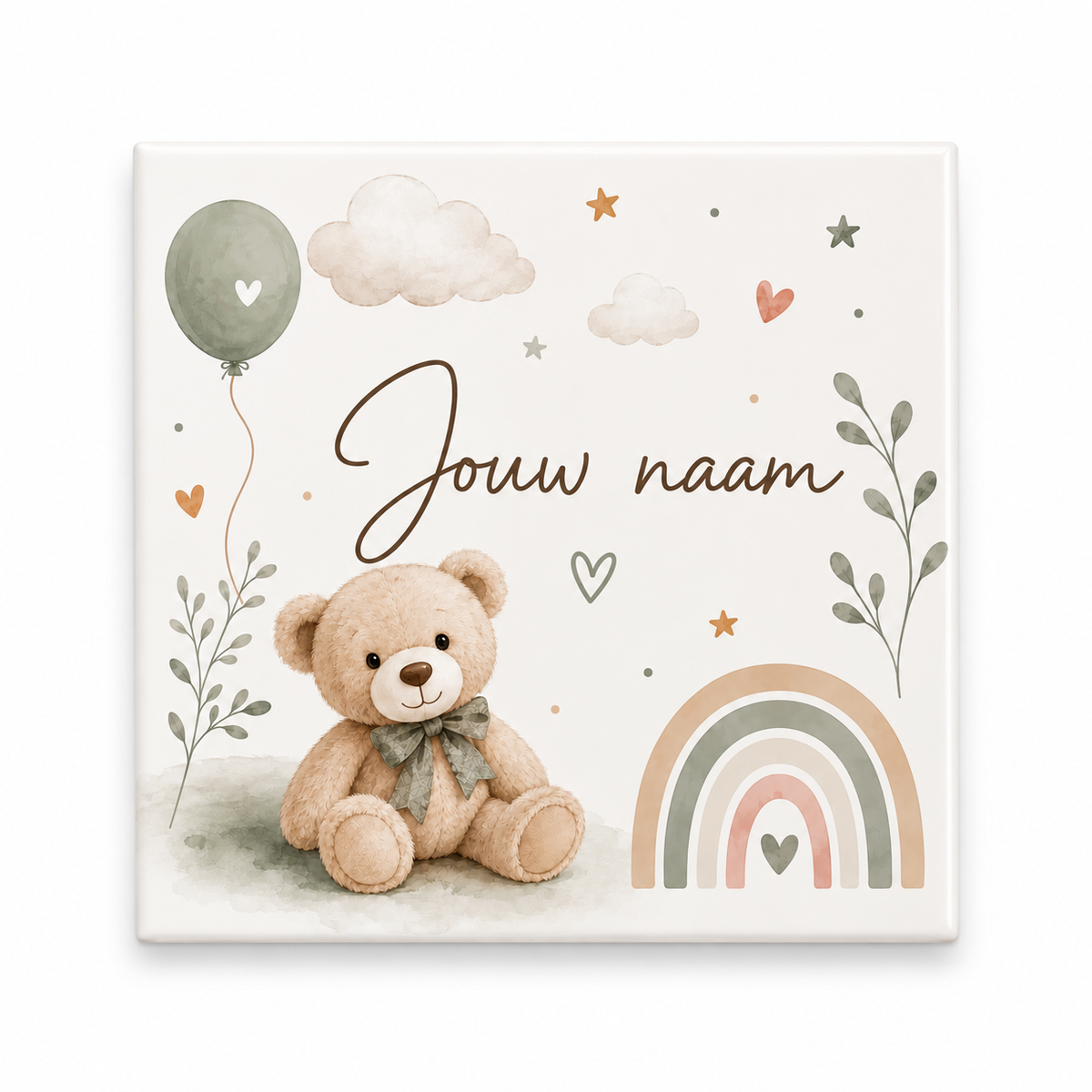 Gepersonaliseerd Baby Tegeltje met Naam, Teddybeer & Regenboog