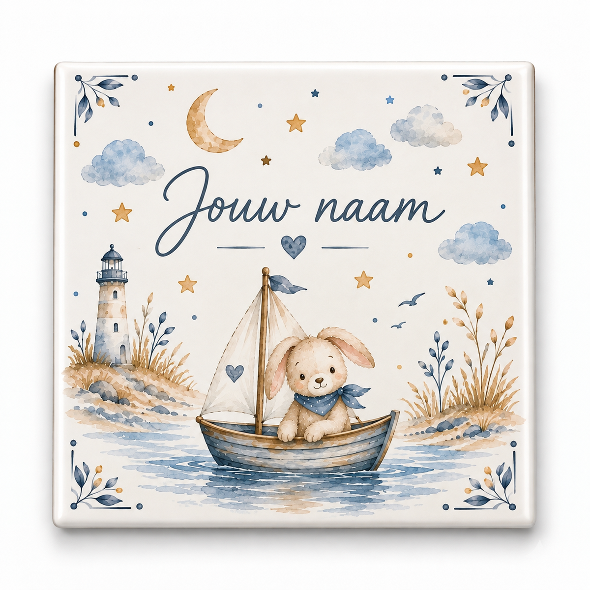 Gepersonaliseerd Baby Tegeltje met Naam, Konijntje in Zeilboot