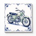 Delfts Blauw Tegeltje met Oldtimer Motor – Vintage Groene Klassieker