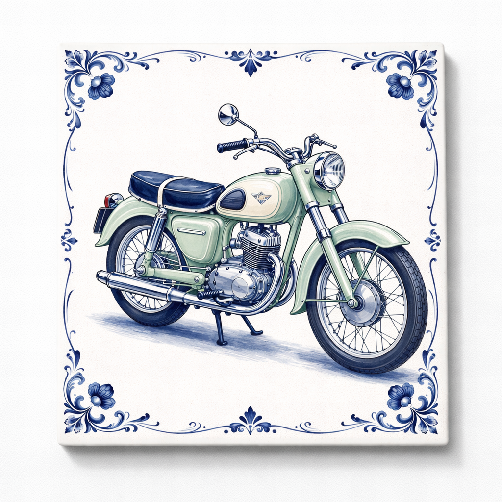 Delfts Blauw Tegeltje met Oldtimer Motor – Vintage Groene Klassieker