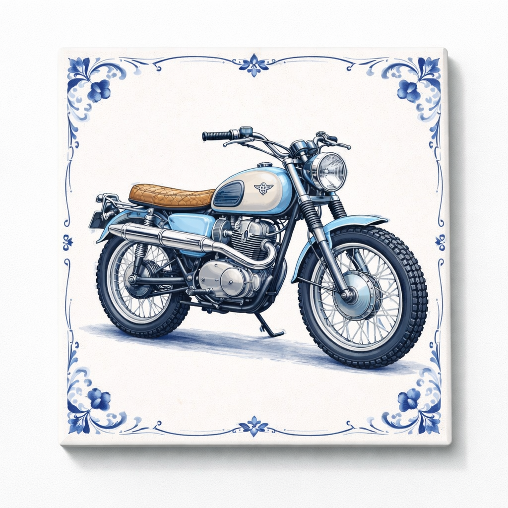 Delfts Blauw Tegeltje met Oldtimer Motor – Vintage lichtblauw Klassieker