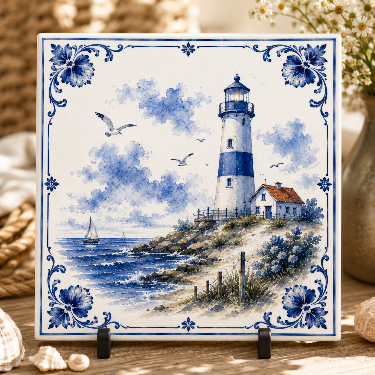 Azulejo de Verano Delft Blue – Sol, Mar y Playa | Azulejo Vintage para Pared