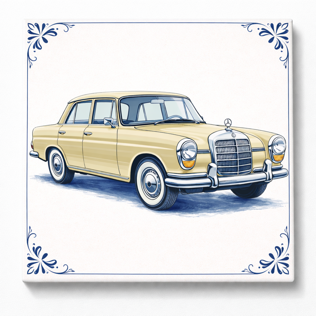 Delfts Blauw Tegeltje met Oldtimer – Gele Vintage Mercedes