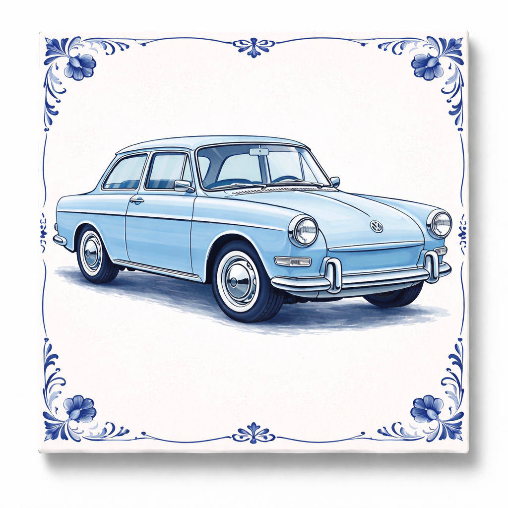 Delfts Blauw Tegeltje met Oldtimer – Blauwe Vintage Volkswagen