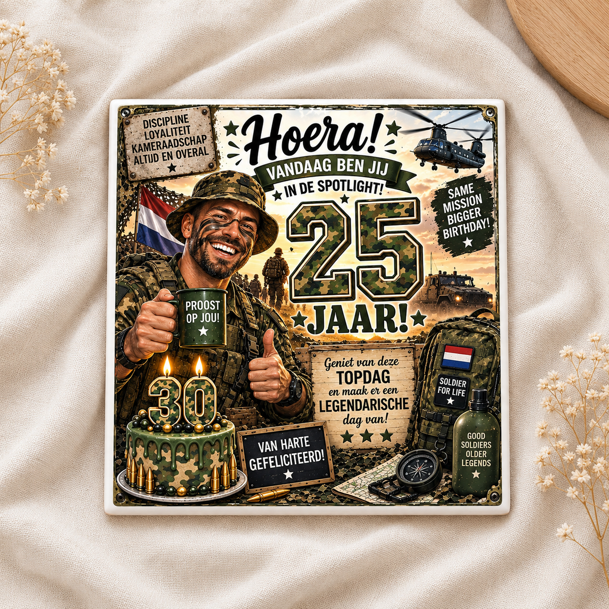 Gepersonaliseerd Verjaardag Tegeltje voor mannelijke Militair – Eigen Leeftijd