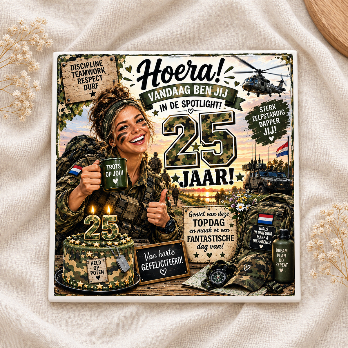 Gepersonaliseerd Verjaardag Tegeltje voor Vrouwelijke Militair – Eigen Leeftijd