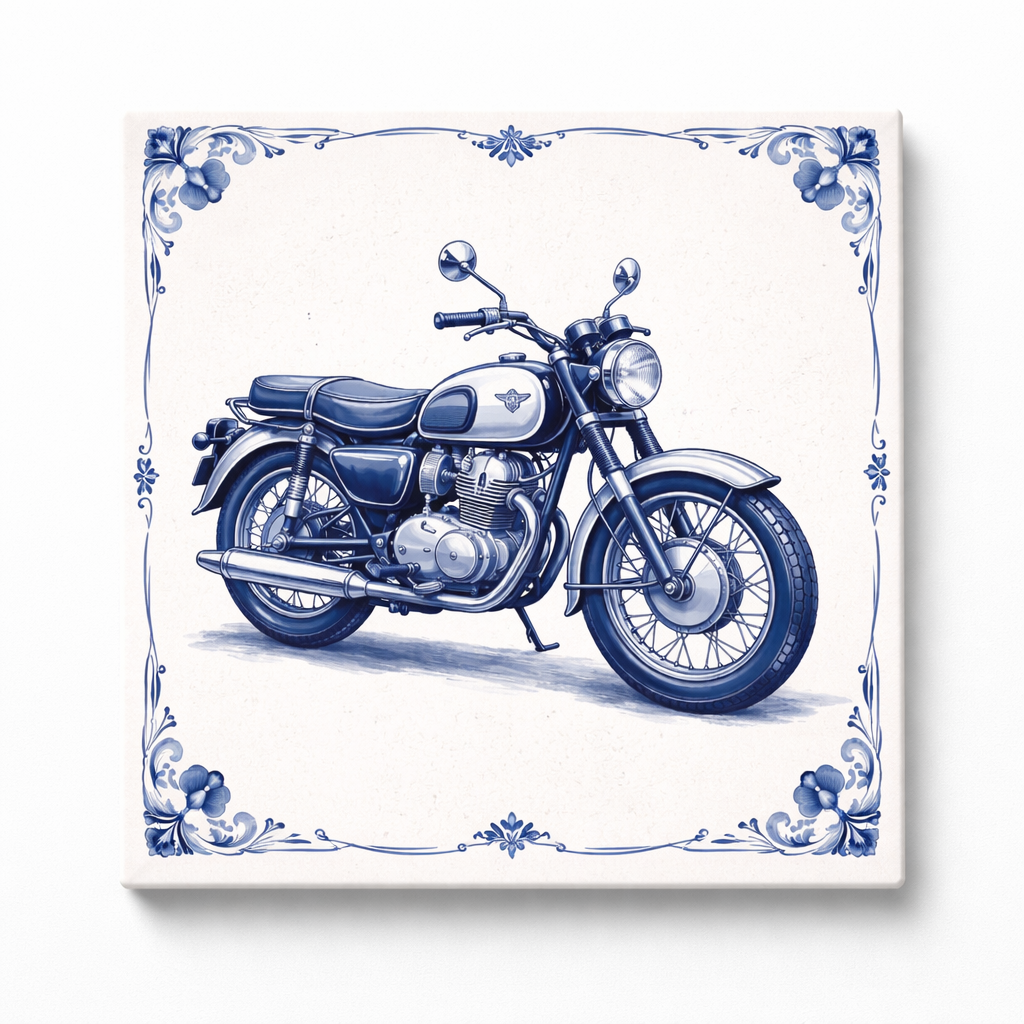 Delfts Blauw Tegeltje met Oldtimer Motor – Vintage Grijs Klassieker