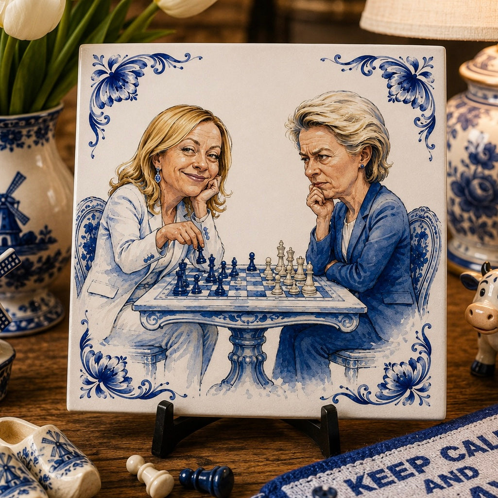 Delfts Blauw Tegeltje – Politieke Satire | Schaakmat