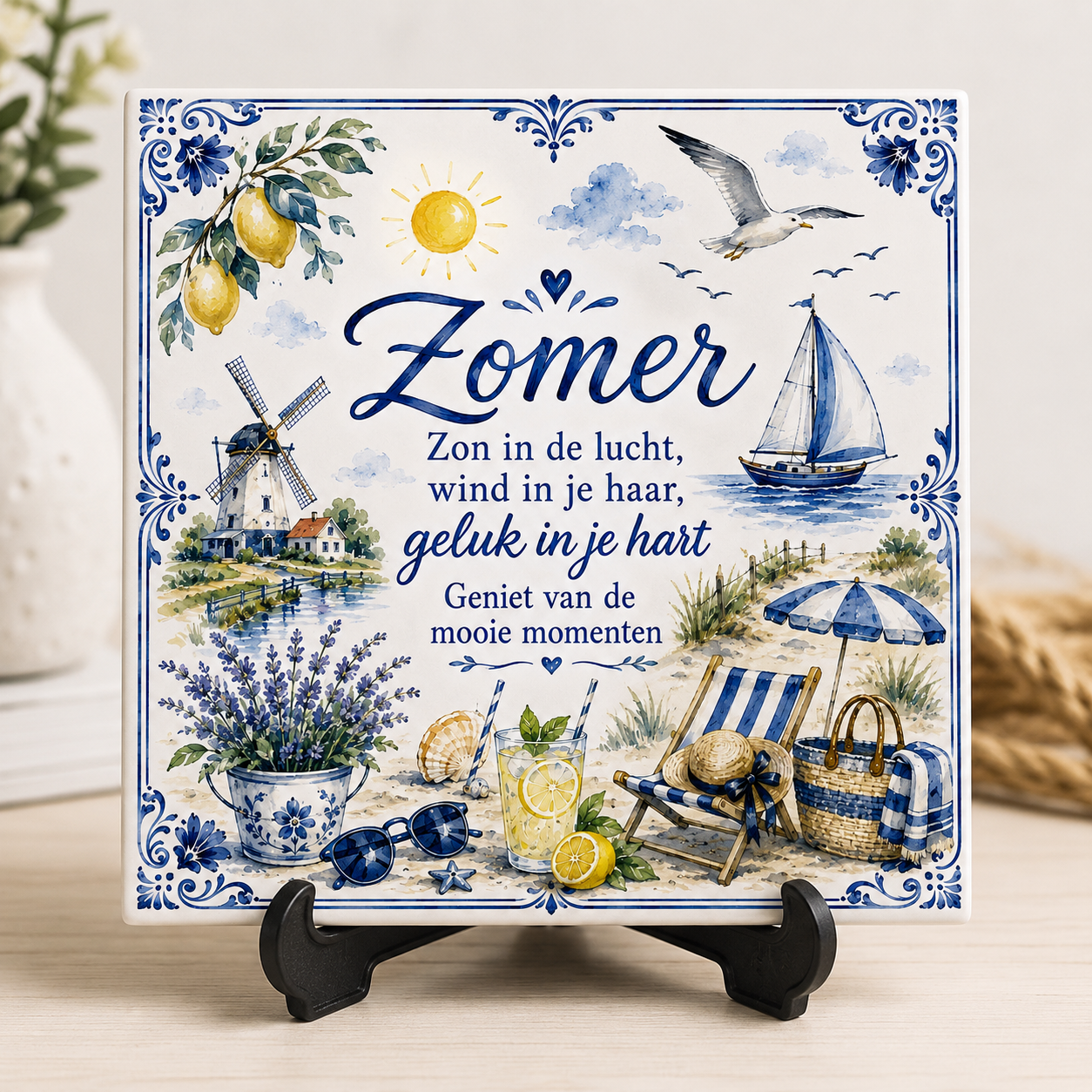 Azulejo de Delft Azul de Verano – Sol, Mar y Playa | Azulejo Decorativo Vintage