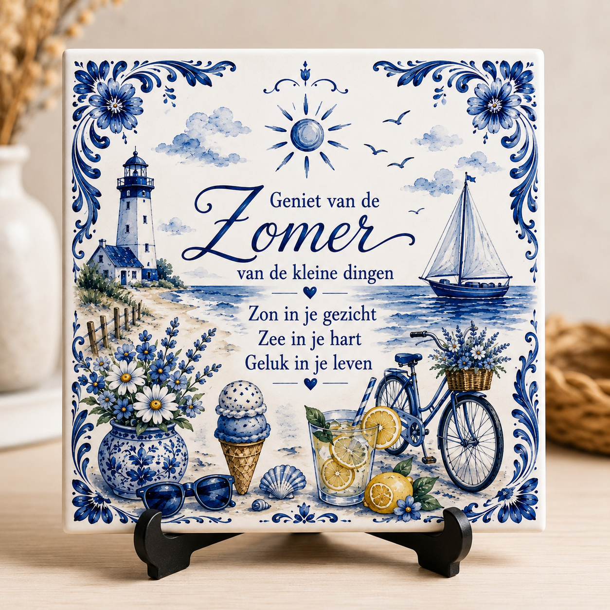 Azulejo veraniego Delft Blue – Sol, Mar y Playa | Azulejo de pared vintage
