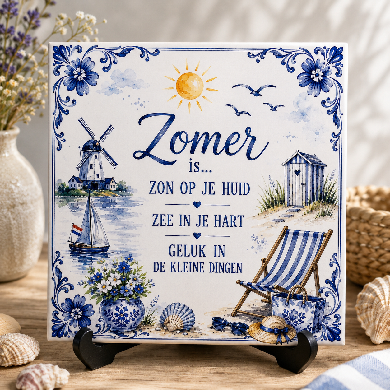 Verano Azulejo Delft Azul – Sol, Mar & Playa | Azulejo Vintage de Pared