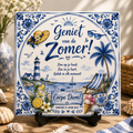 Zomers Delfts Blauw Tegeltje – Zon, Zee & Strand | Vintage Wandtegel