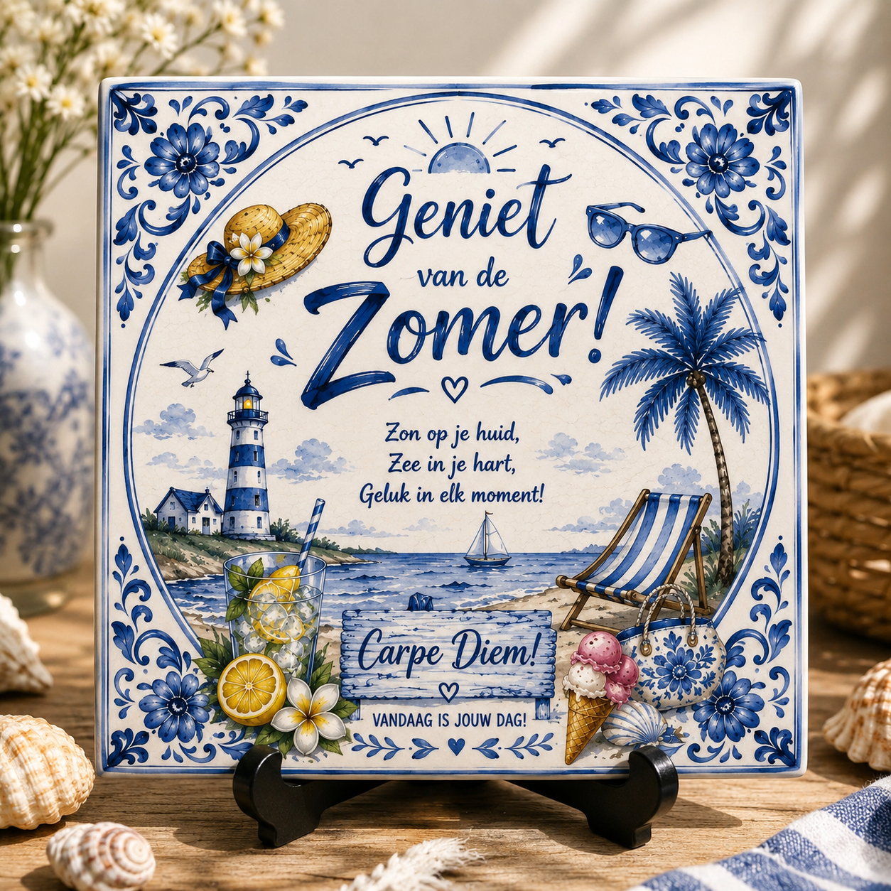 Zomers Delfts Blauw Tegeltje – Zon, Zee & Strand | Vintage Wandtegel