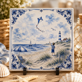 Zomers Delfts Blauw Tegeltje – Zon, Zee & Strand | Vintage Wandtegel
