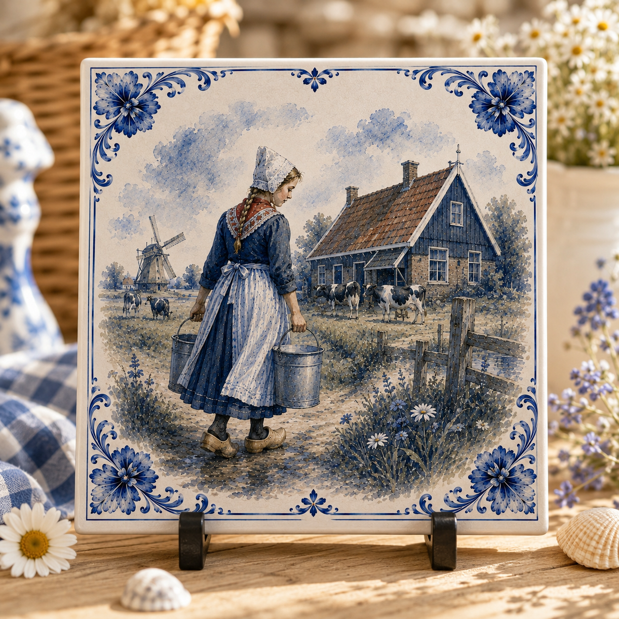 Zomers Delfts Blauw Tegeltje – Zon, Zee & Strand | Vintage Wandtegel