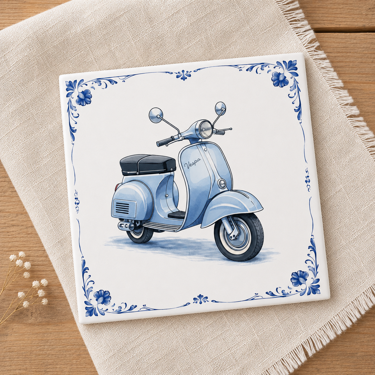 Delfts Blauw Tegeltje met Oldtimer Scooter – Vintage Lichtblauw Klassieker (Vespa)