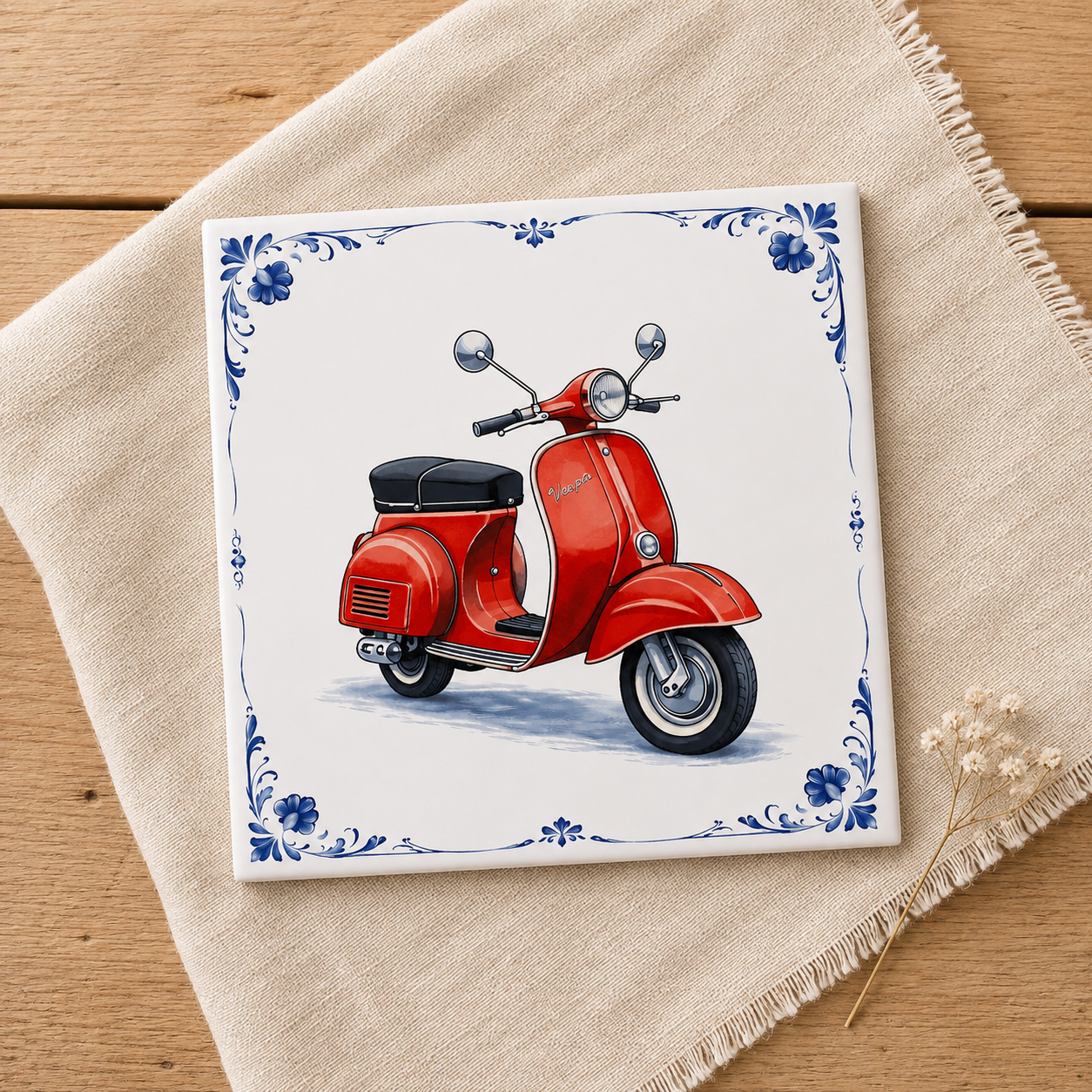 Delfts Blauw Tegeltje met Oldtimer Scooter – Vintage rode Klassieker (Vespa)