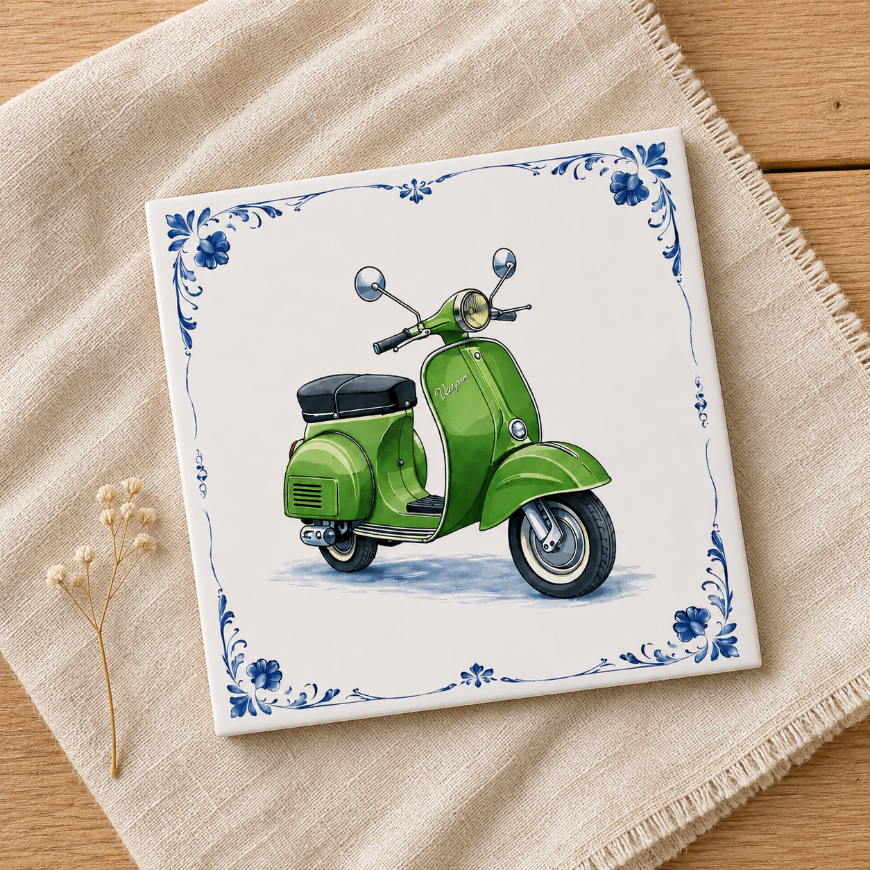 Delfts Blauw Tegeltje met Oldtimer Scooter – Vintage Groen Klassieker (Vespa)
