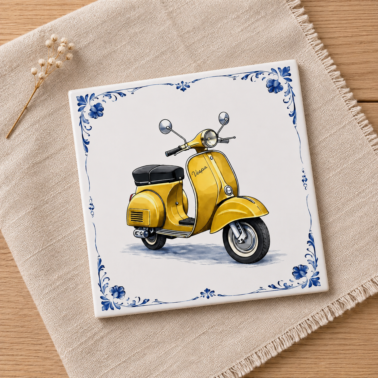 Delfts Blauw Tegeltje met Oldtimer Scooter – Vintage gele Klassieker (Vespa)