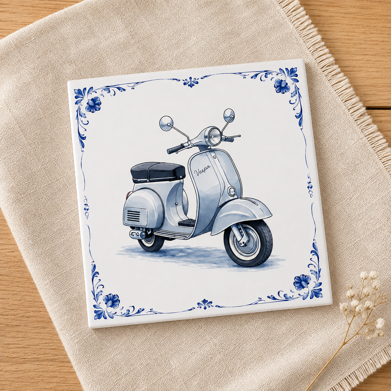 Azulejo Delft Azul con Scooter Clásico – Plata Vintage Clásico (Vespa)