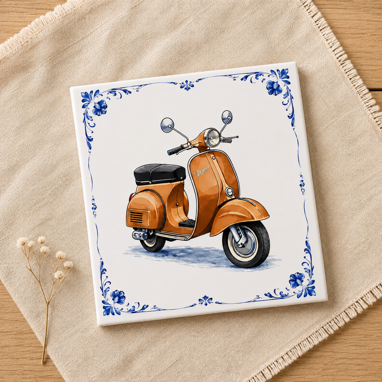 Delfts Blauw Tegeltje met Oldtimer Scooter – Vintage Bronze Klassieker (Vespa)