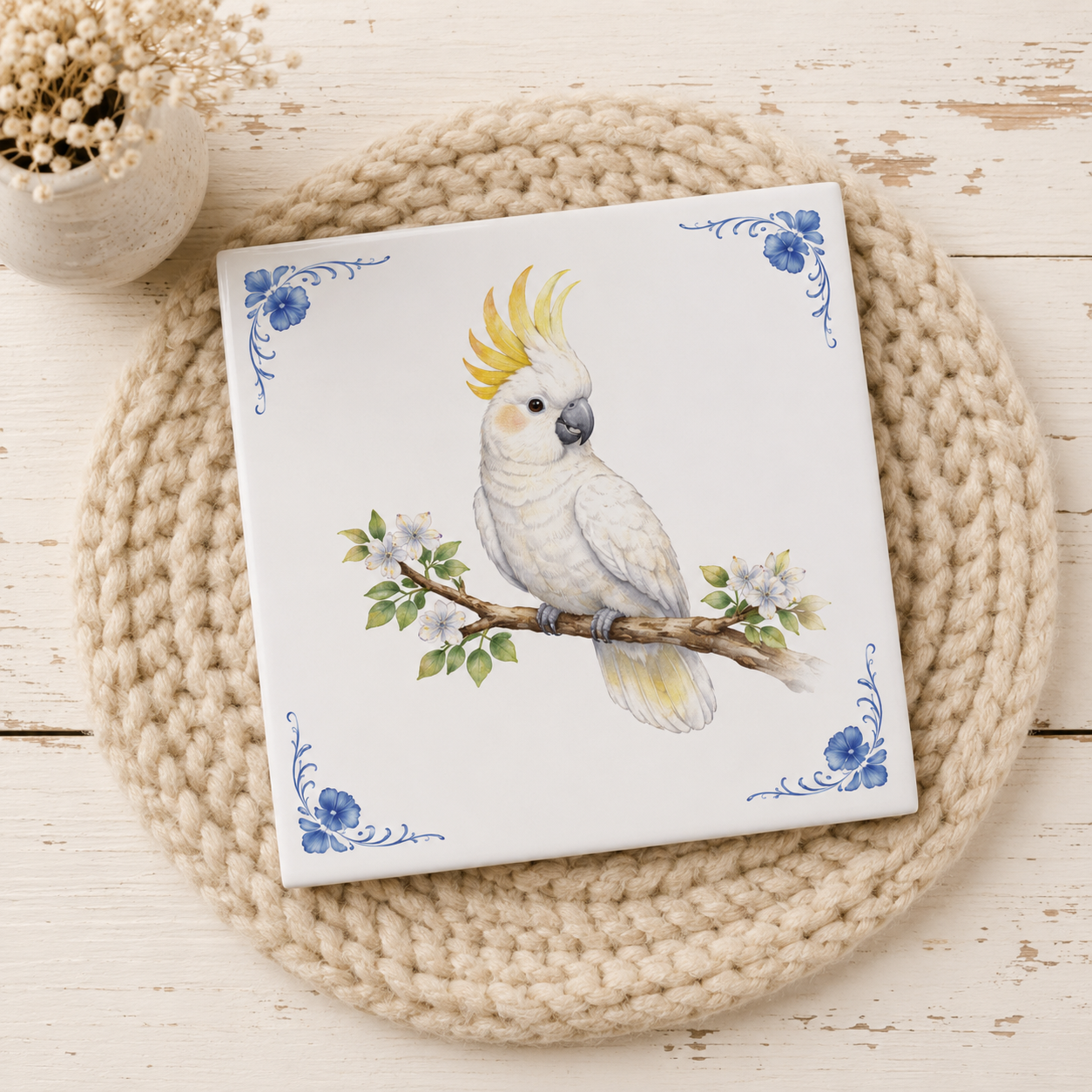 Azulejo Delft Azul con Cacatúa – Ilustración de Loro Tropical