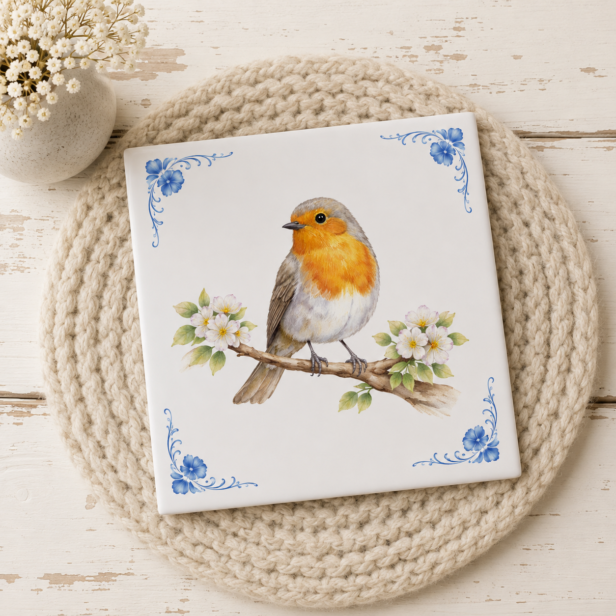 Delfts Blauw Tegeltje met Roodborstje – Vintage Vogel Illustratie