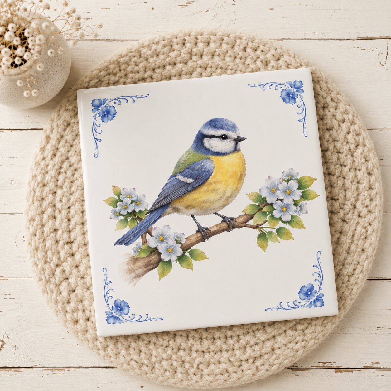 Delfts Blauw Tegeltje met Pimpelmees – Vintage Vogel Illustratie