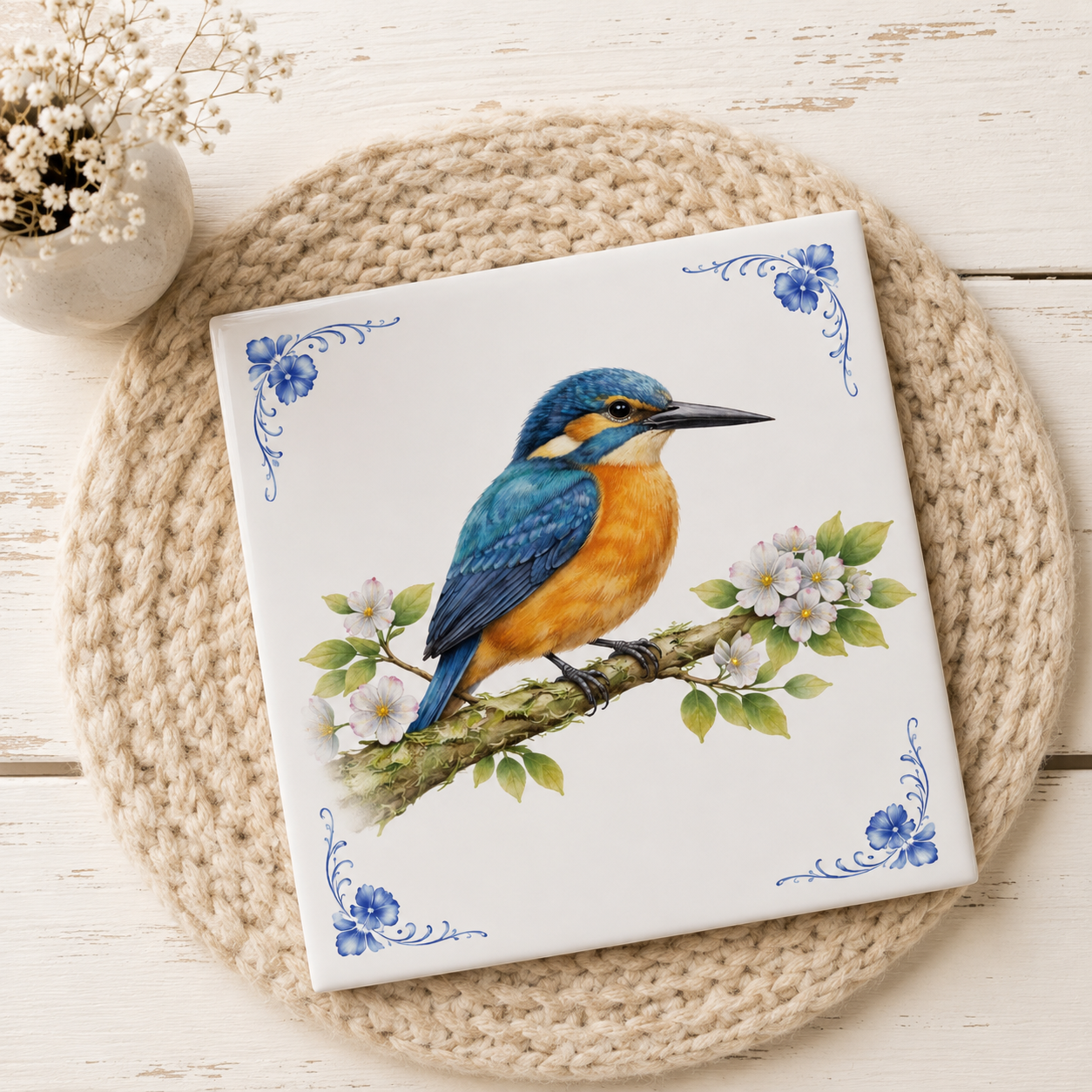 Azulejo Delft Azul con Martín Pescador – Ilustración de Pájaro Vintage