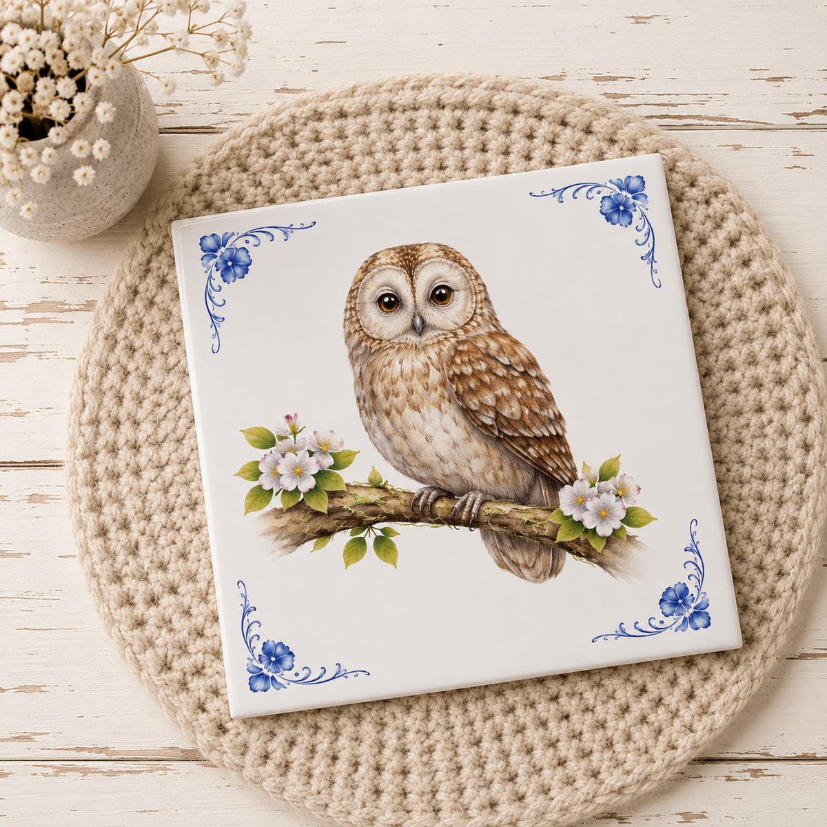Delfts Blauw Tegeltje met Uil – Vintage Vogel Illustratie
