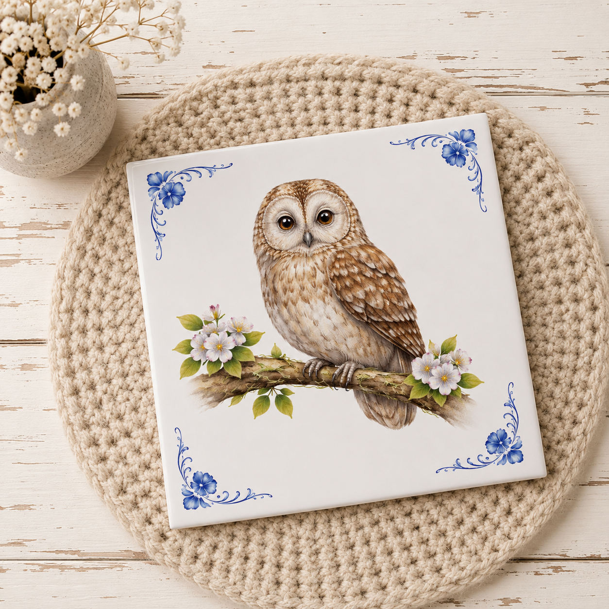 Delfts Blauw Tegeltje met Uil – Vintage Vogel Illustratie